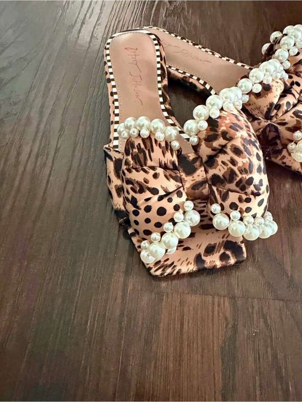 Betsey Johnson Leopard Print Bow Slides with Pearl Trim - Tan Black